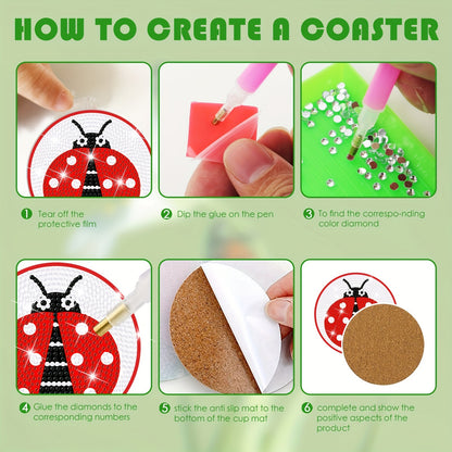Diy 8pcs/set Ladybug  Diamond Painting Coasters with Holder
