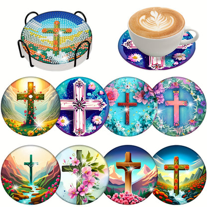 Diy 8pcs/set Crosses  Diamond Painting Coasters with Holder