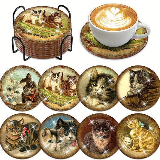 Diy 8pcs/set Cat  Diamond Painting Coasters with Holder