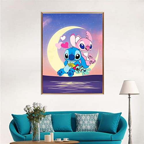 Stitch Is Sitting On The Moon With Lover | Diamond Painting