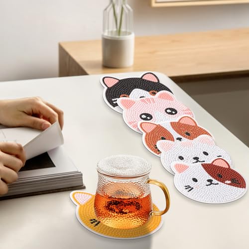 Diy 6pcs/set Cat  Diamond Painting Coasters with Holder