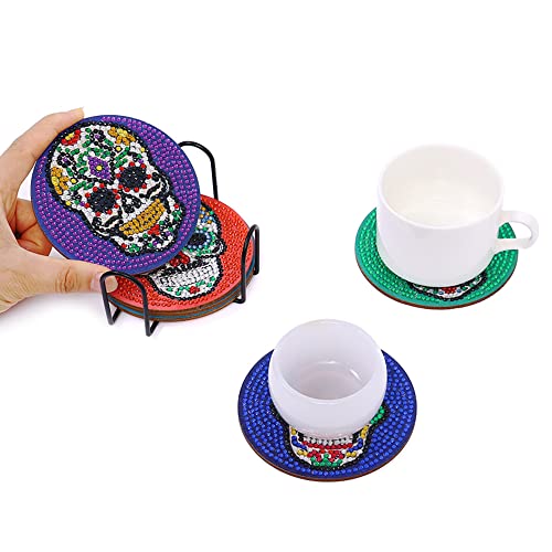 Diy 6pcs/set Skull Flower  Diamond Painting Coasters with Holder