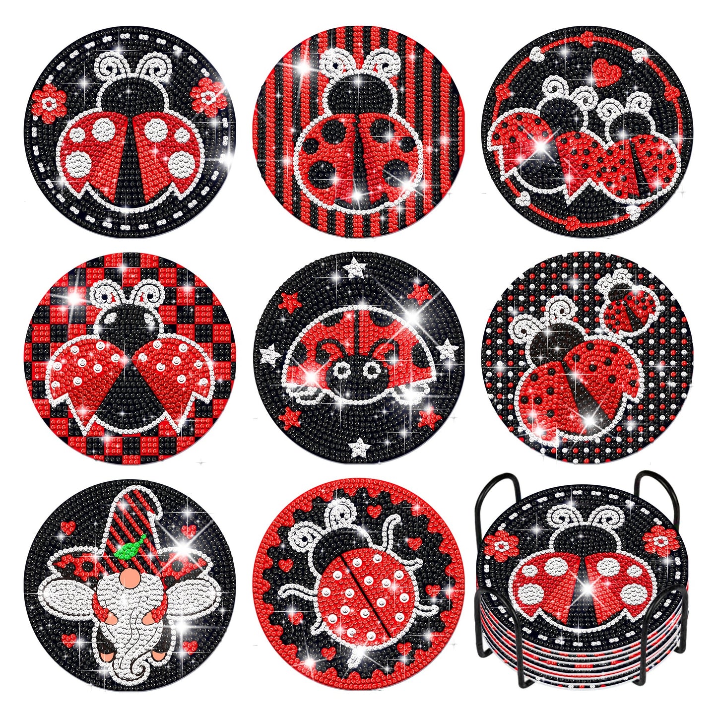 Diy 8pcs/set Ladybug Cartoon  Diamond Painting Coasters with Holder