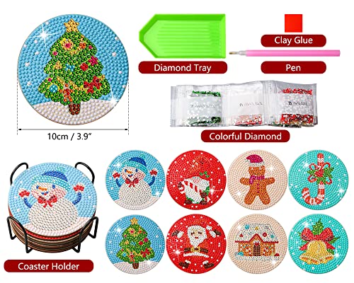 Diy 8pcs/set Christmas  Diamond Painting Coasters with Holder