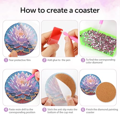 Diy 8pcs/set Lotus Flower  Diamond Painting Coasters with Holder