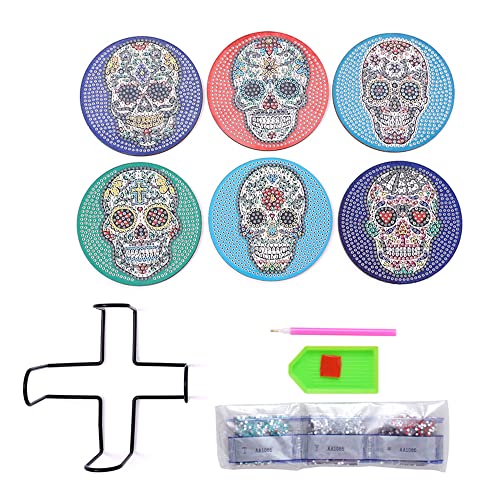 Diy 6pcs/set Skull Flower  Diamond Painting Coasters with Holder