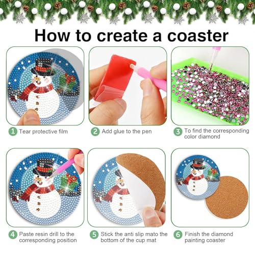 Diy 8pcs/set Christmas  Diamond Painting Coasters with Holder