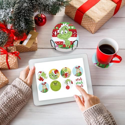 Diy 8pcs/set Christmas  Diamond Painting Coasters with Holder