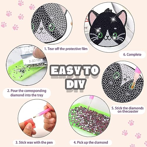 Diy 8pcs/set Cat  Diamond Painting Coasters with Holder