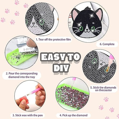 Diy 8pcs/set Cat  Diamond Painting Coasters with Holder