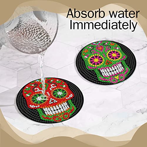 Diy 6pcs/set Skull Flower  Diamond Painting Coasters with Holder