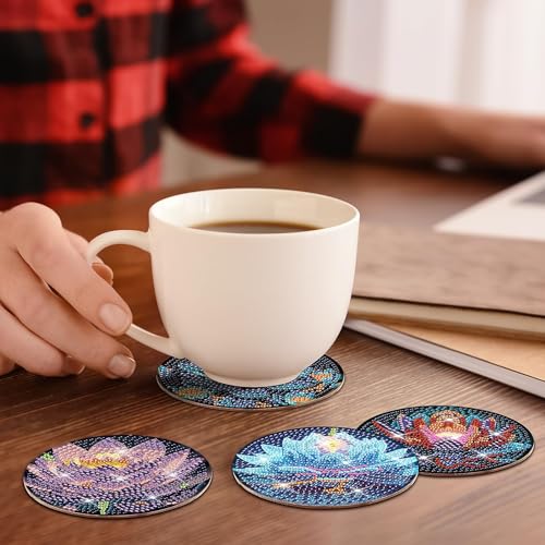 Diy 8pcs/set Lotus Flower  Diamond Painting Coasters with Holder