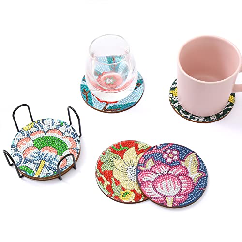 Diy 6pcs/set Flower  Diamond Painting Coasters with Holder