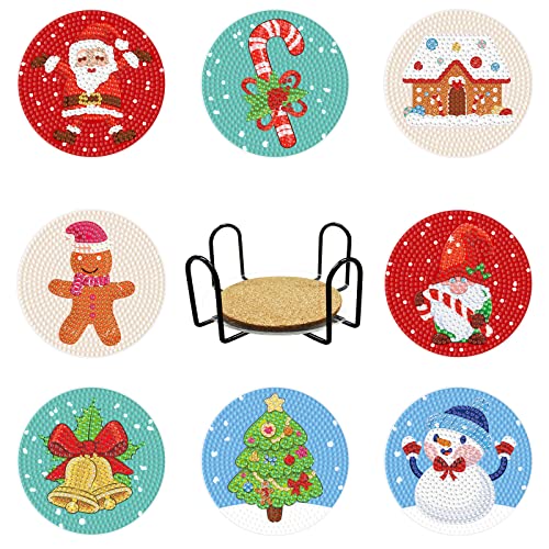 Diy 8pcs/set Christmas  Diamond Painting Coasters with Holder