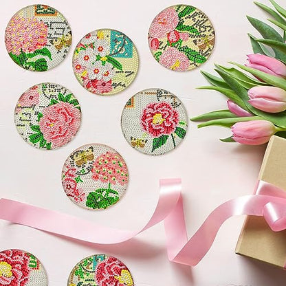 Diy 8pcs/set Flower  Diamond Painting Coasters with Holder