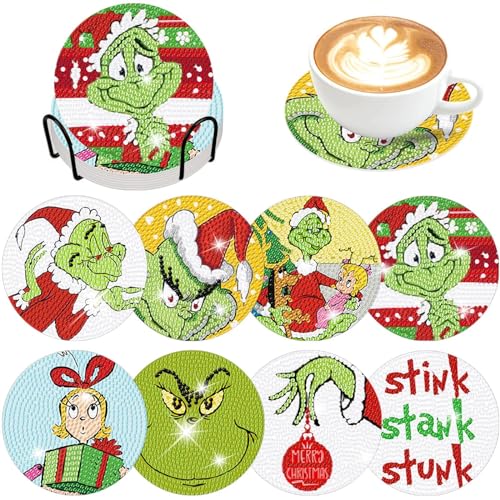 Diy 8pcs/set Christmas  Diamond Painting Coasters with Holder