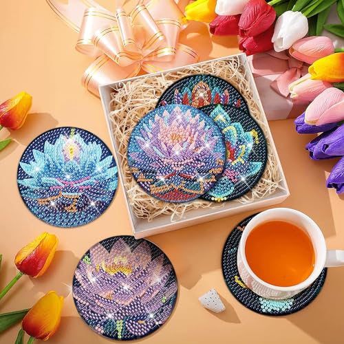 Diy 8pcs/set Lotus Flower  Diamond Painting Coasters with Holder