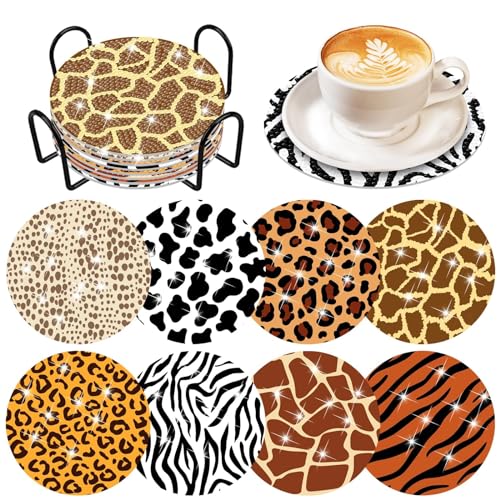 Diy 8pcs/set Animal  Diamond Painting Coasters with Holder