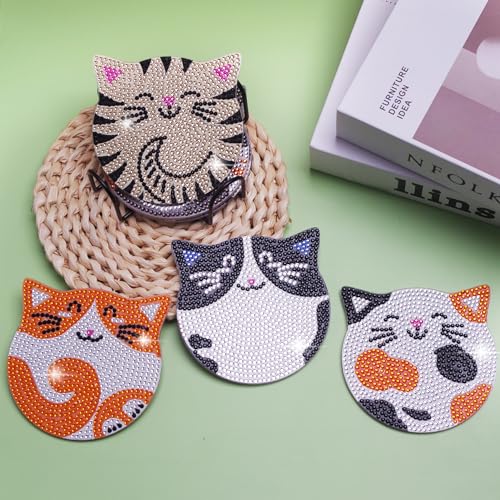 6pcs/set Cat  Diamond Painting Coasters with Holder