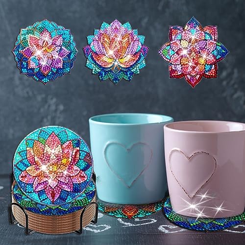 Diy 8pcs/set Lotus  Diamond Painting Coasters with Holder