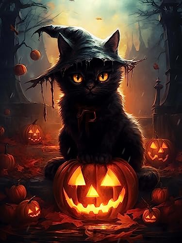 Pumpkin Black Midnight Cat Halloween | Diamond Painting