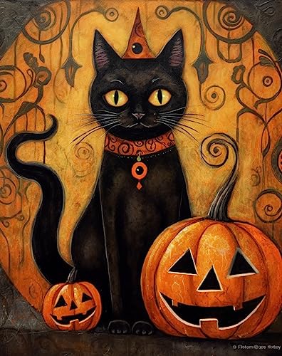 Pumpkin Black Midnight Cat Halloween | Diamond Painting