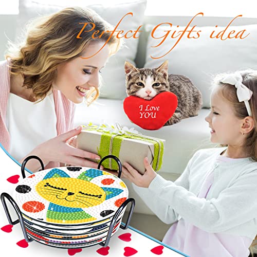 Diy 6pcs/set Cat  Diamond Painting Coasters with Holder