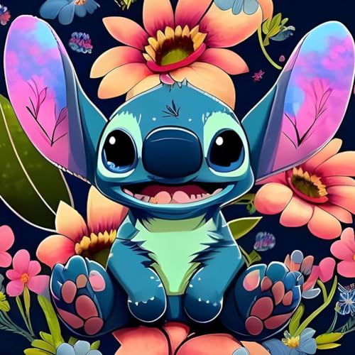 Stitch Is Sitting Among The Flowers | Diamond Painting