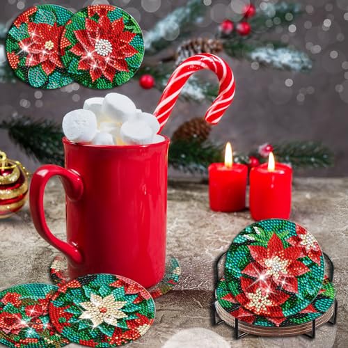 Diy 8pcs/set Christmas  Diamond Painting Coasters with Holder