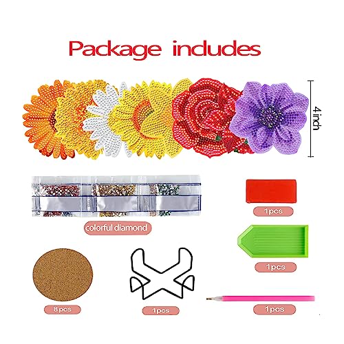 Diy 8pcs/set Flower  Diamond Painting Coasters with Holder