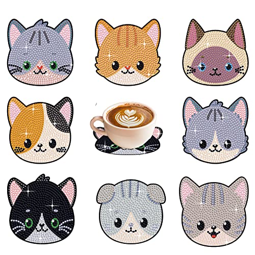 Diy 8pcs/set Cat  Diamond Painting Coasters with Holder