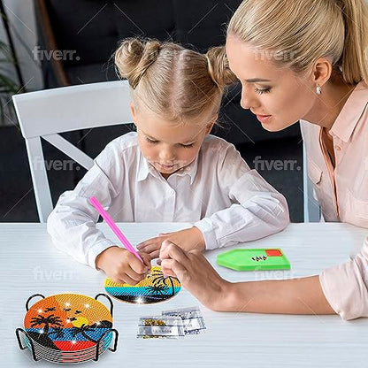 Diy 8pcs/set Sunset  Diamond Painting Coasters with Holder