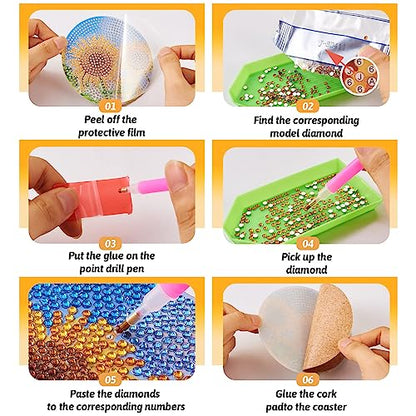 Diy 8pcs/set Flower  Diamond Painting Coasters with Holder