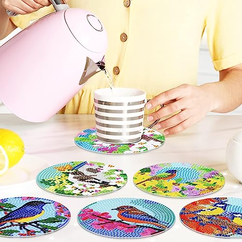 Diy 8pcs/set Bird Flower  Diamond Painting Coasters with Holder