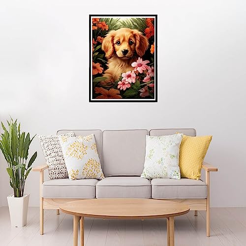 Golden Retriever Dog And Flower | Diamond Painting