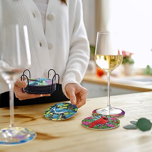 Diy 8pcs/set Bird  Diamond Painting Coasters with Holder