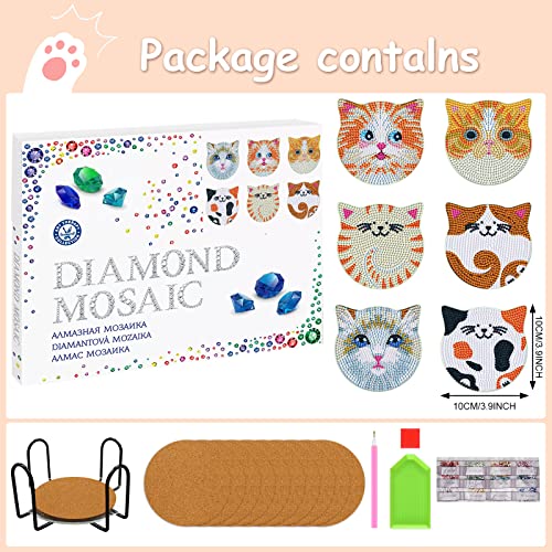 Diy 6pcs/set Cat  Diamond Painting Coasters with Holder