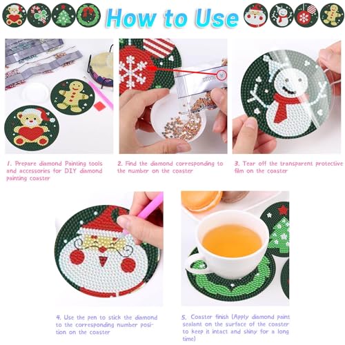 Diy 8pcs/set Christmas  Diamond Painting Coasters with Holder