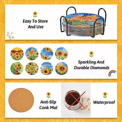 Diy 8pcs/set Flower  Diamond Painting Coasters with Holder