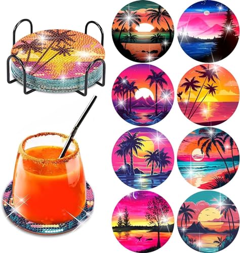 Diy 8pcs/set Landscape  Diamond Painting Coasters with Holder