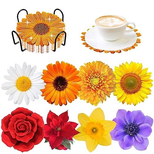 Diy 8pcs/set Flower  Diamond Painting Coasters with Holder