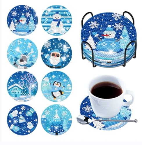 Diy 8pcs/set Christmas  Diamond Painting Coasters with Holder