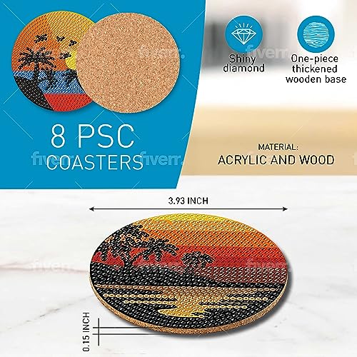 Diy 8pcs/set Sunset  Diamond Painting Coasters with Holder