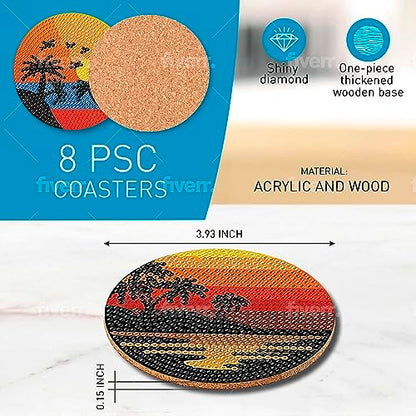 Diy 8pcs/set Sunset  Diamond Painting Coasters with Holder