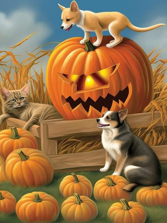 Dog Cat Halloween Pumpkin | Diamond Painting