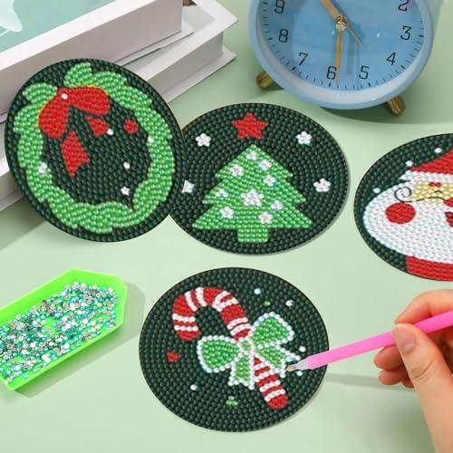 Diy 8pcs/set Christmas  Diamond Painting Coasters with Holder