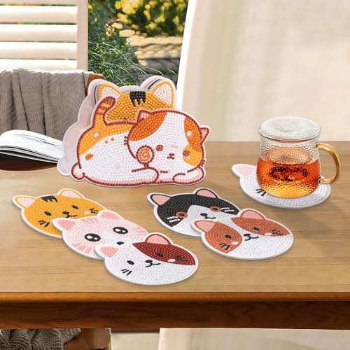 Diy 6pcs/set Cat  Diamond Painting Coasters with Holder