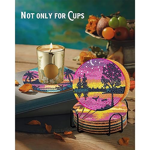 Diy 8pcs/set Landscape  Diamond Painting Coasters with Holder