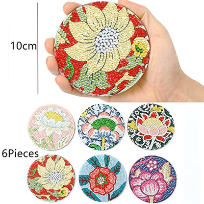 Diy 6pcs/set Flower  Diamond Painting Coasters with Holder