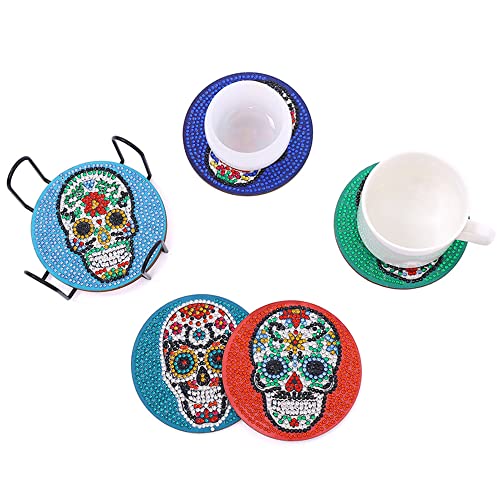 Diy 6pcs/set Skull Flower  Diamond Painting Coasters with Holder